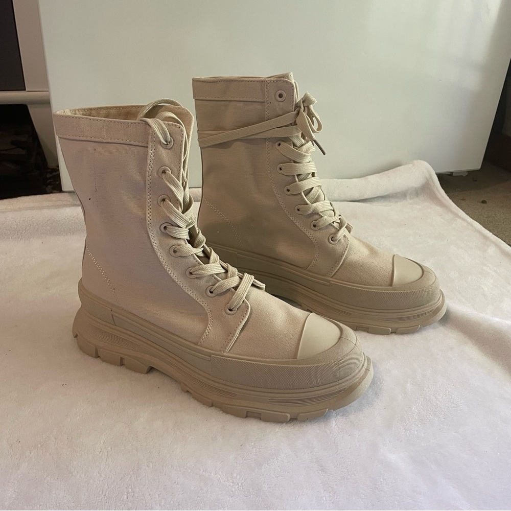 Cream Canvas Lace Up Boots